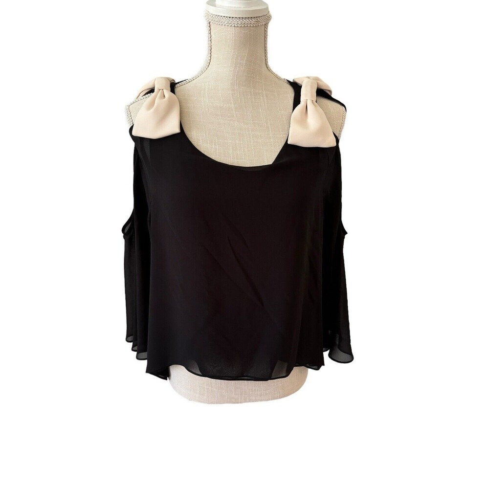 EDWARD ACHOUR PARIS‎ Black Chiffon Cold Shoulder Bow Blouse Talle 40/L